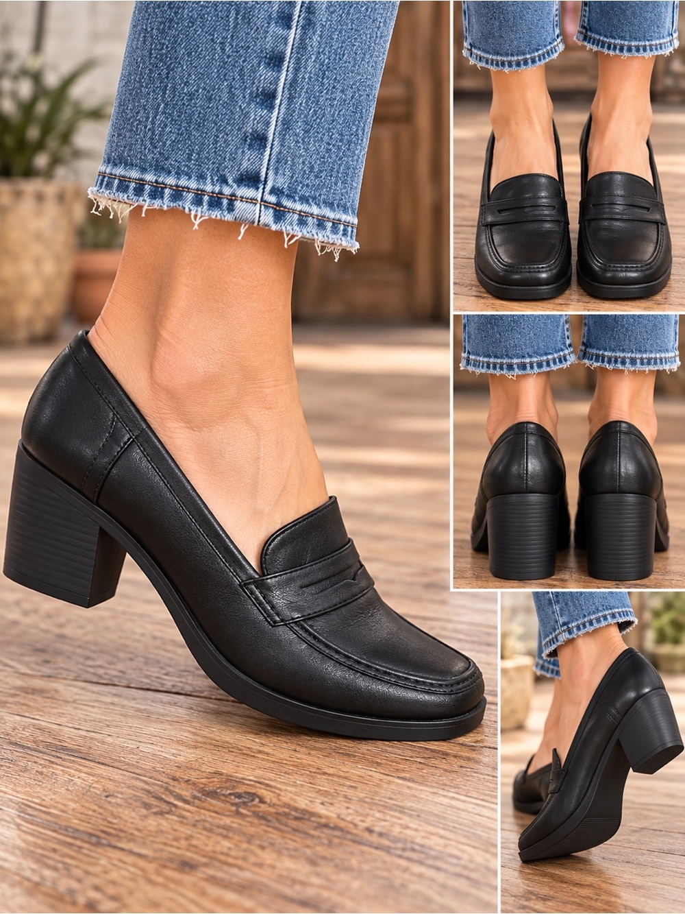 Jellypop Black Block Heel Loafers